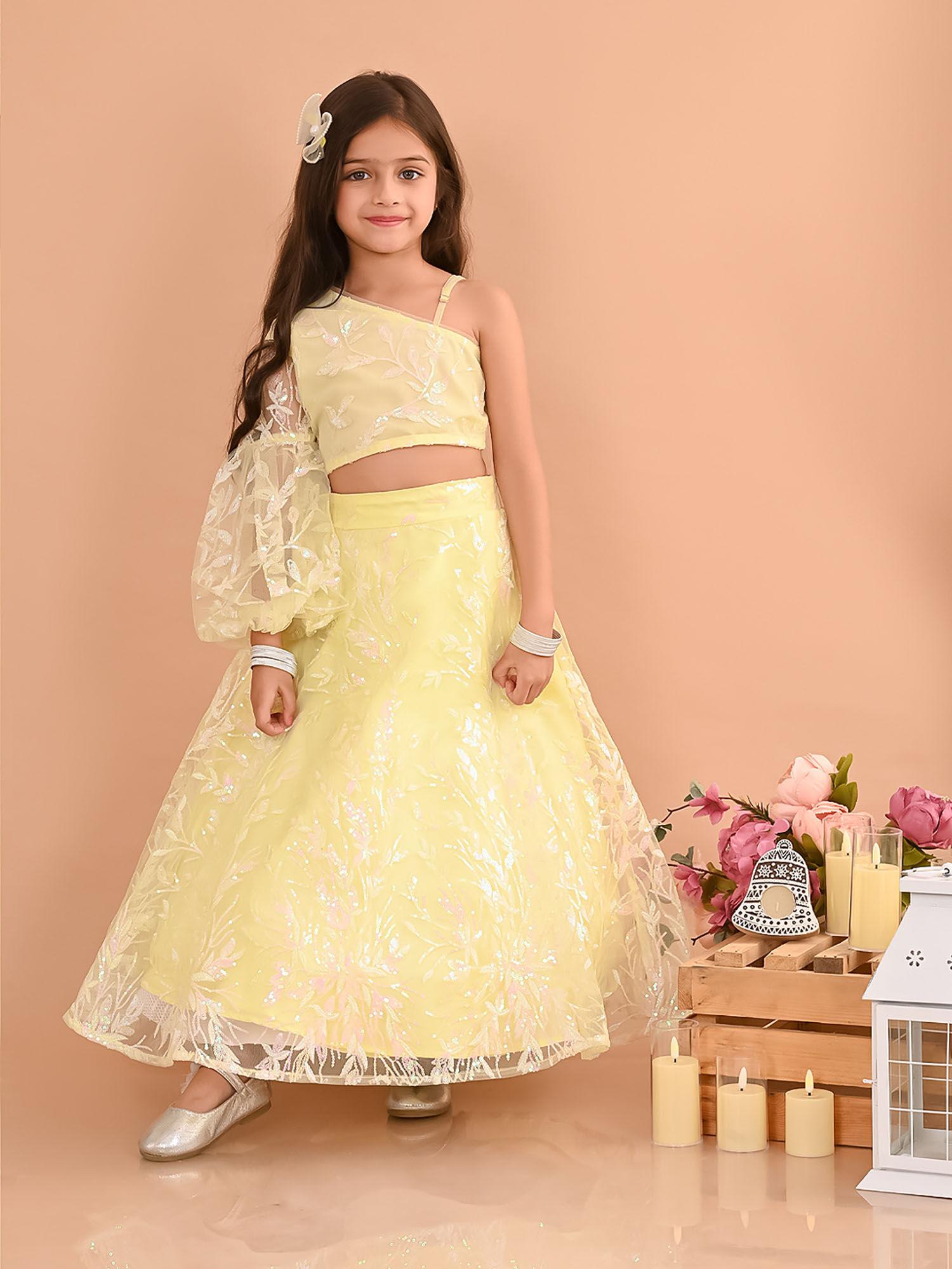 sequin one shoulder ready to wear partywear lehenga choli - yellow (set of 2)