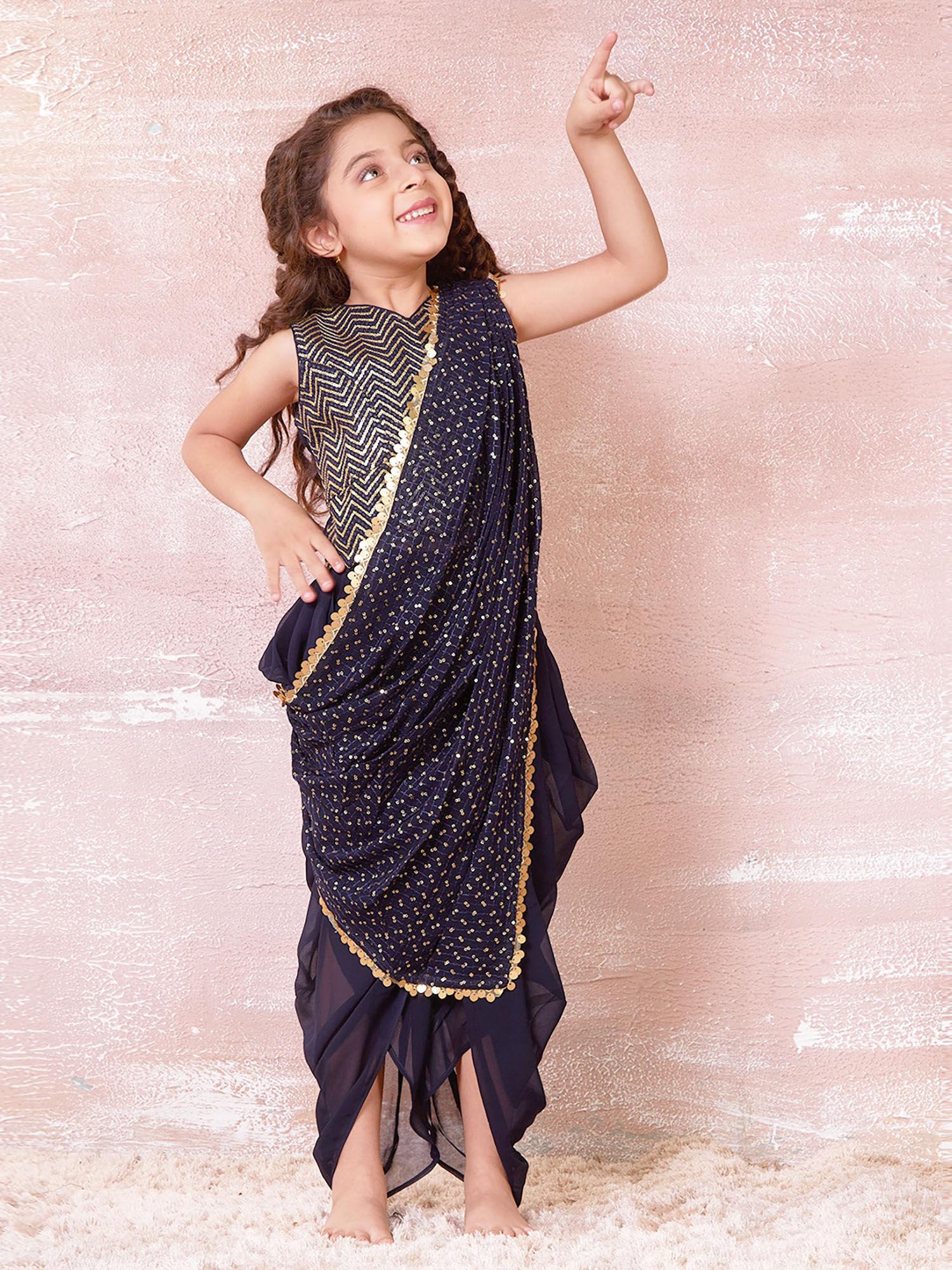 sequin top solid dhoti with saree style dupatta set for girls (set of 3)