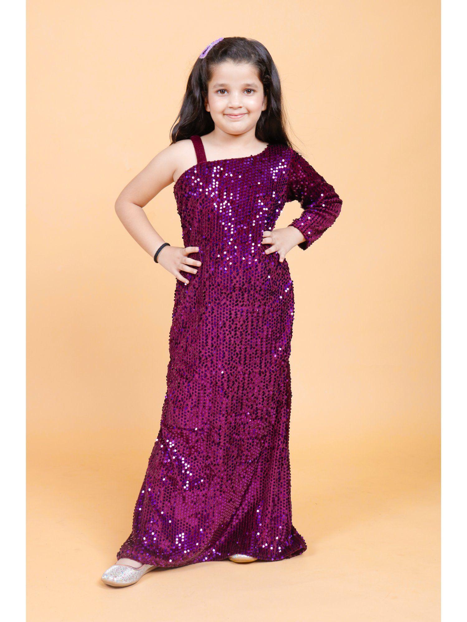 sequined long fish dress with one side shoulder purple