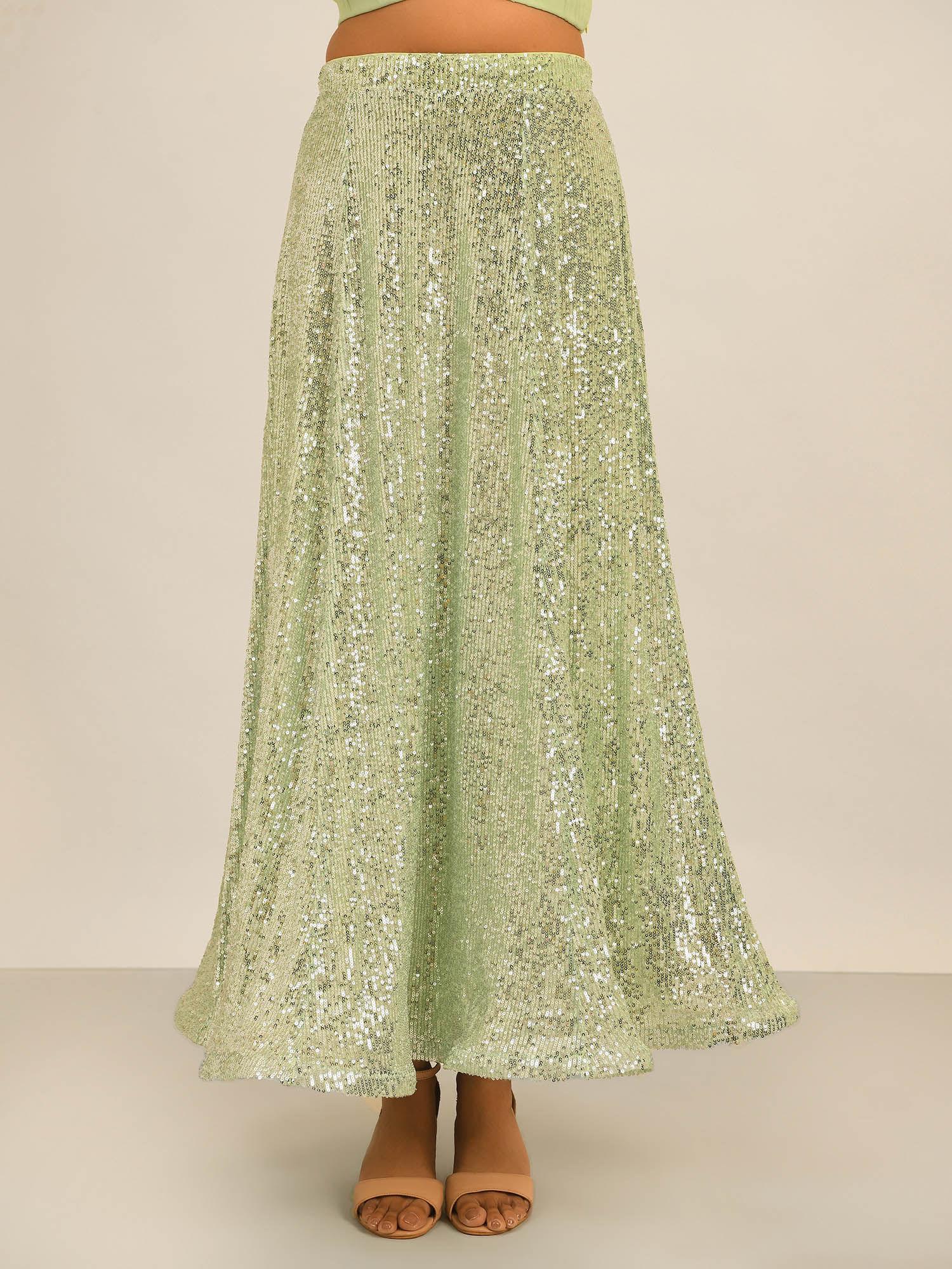 sequined tulle floor length light green skirt