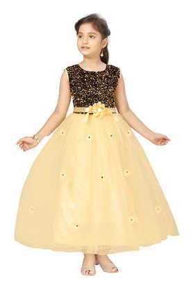 sequinned nylon round neck girls party wear gown - fawn