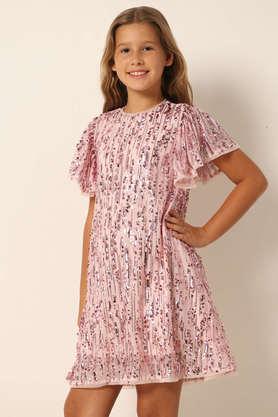 sequinned polyester regular fit girls dress - pink