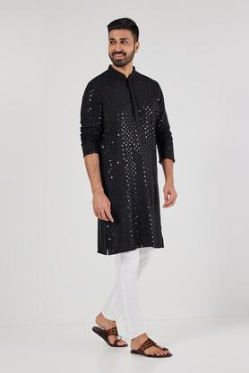 sequinned blended fabric regular fit men's kurta - black