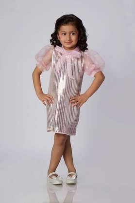 sequinned cotton girls knee length party wear dress - peach