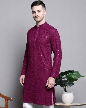 sequinned embroidered slim fit kurta