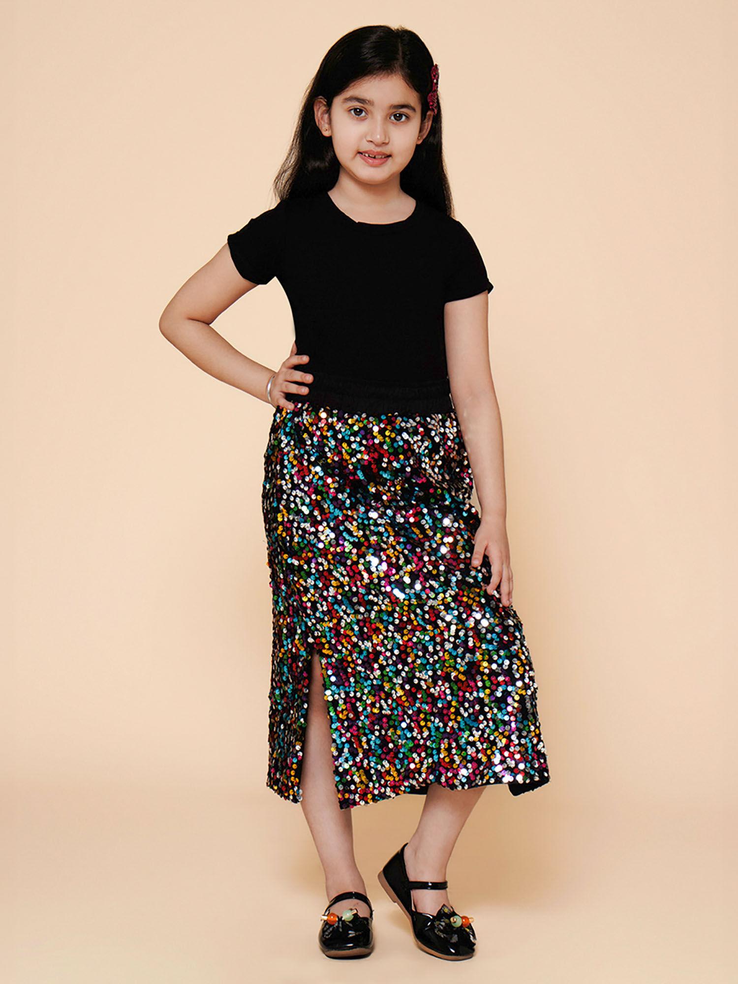 sequinned long skirt with side slits and tee-multi color (set of 2)