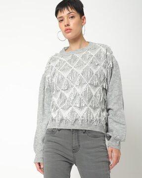 sequinned round-neck pullover with drop-shoulder sleeves
