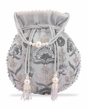 sequins embellished pearl wristlet with beaded drawstrings