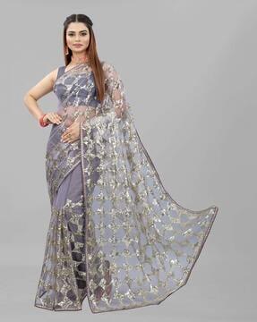 sequins embroidered lace work net saree