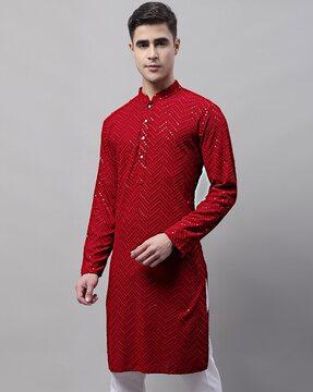 sequins embroidered long kurta with mandarin collar