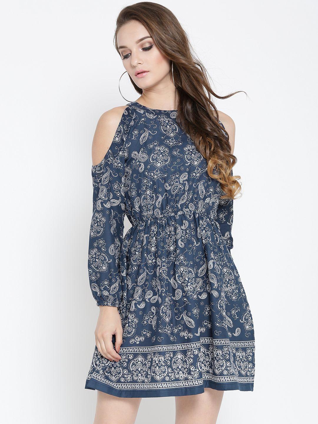 sera navy paisley print pure cotton fit and flare dress