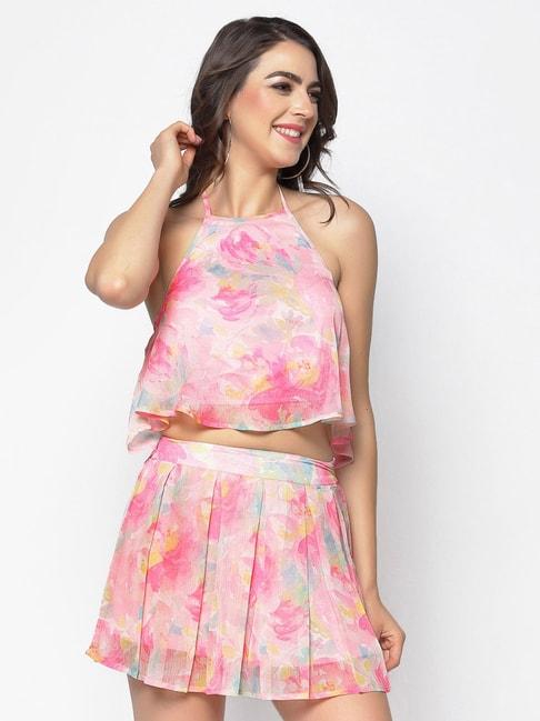 sera pink printed crop top with skirt