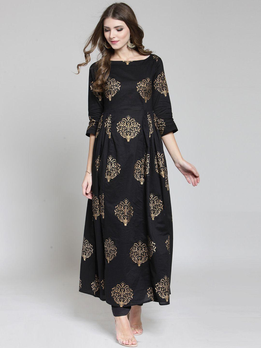 sera women black & gold-toned printed a-line kurta