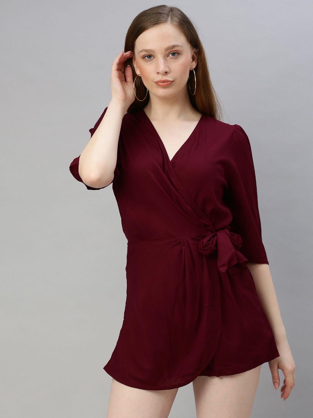 sera women burgundy solid playsuit with side knot