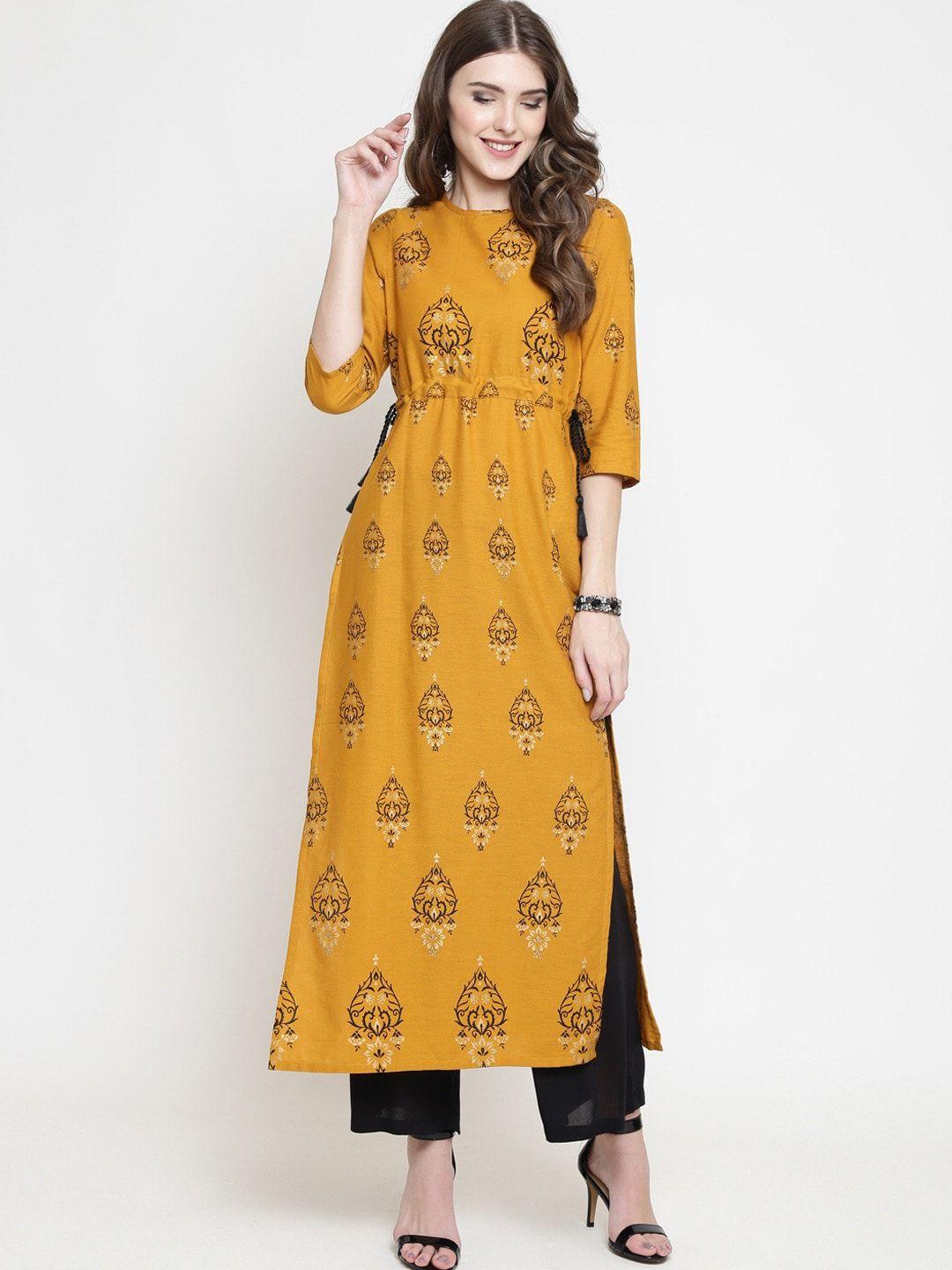 sera women mustard ethnic motifs printed regular a-line pure cotton kurta with palazzos