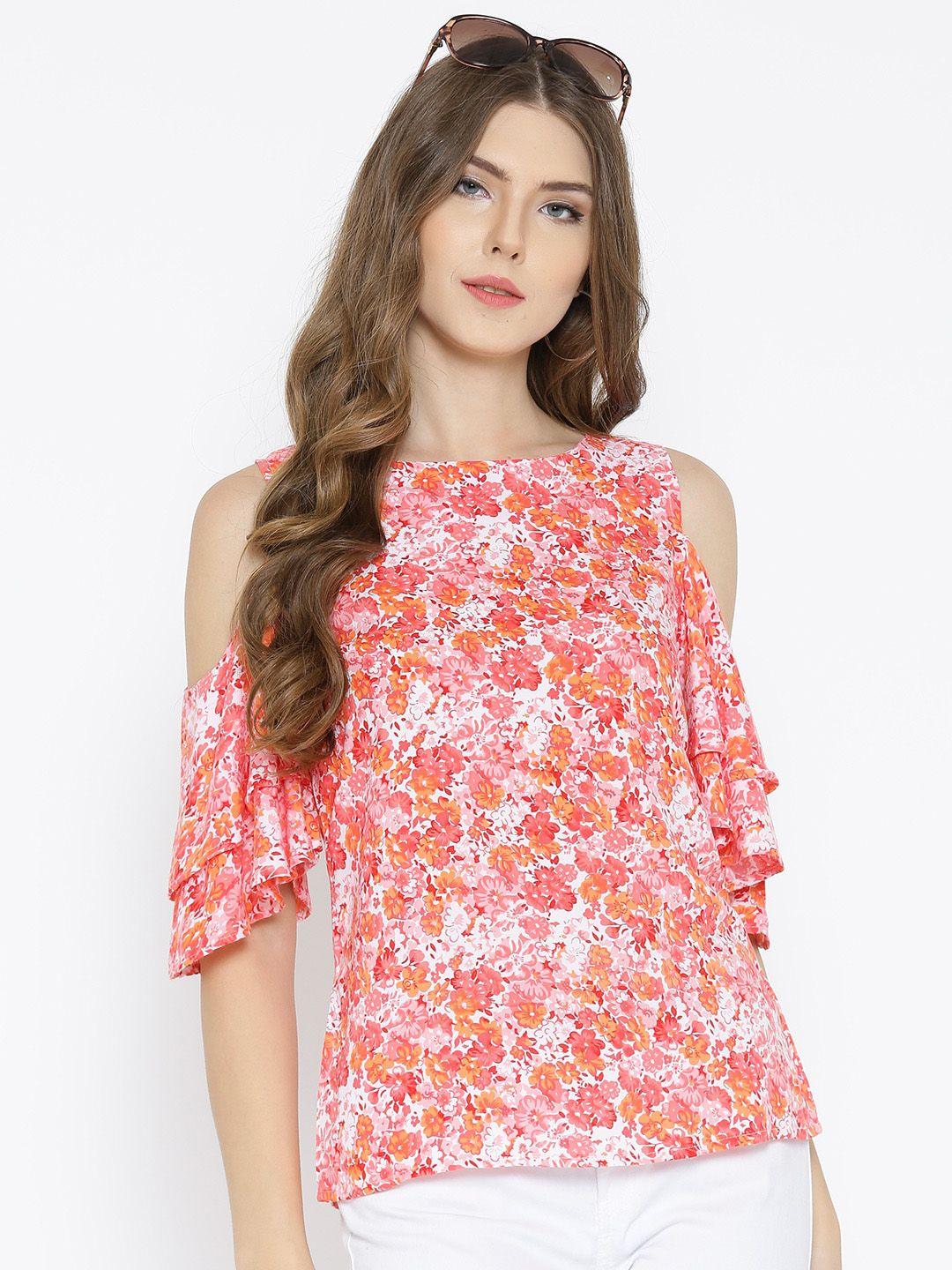 sera women off-white & pink floral printed cold-shoulder pure cotton top