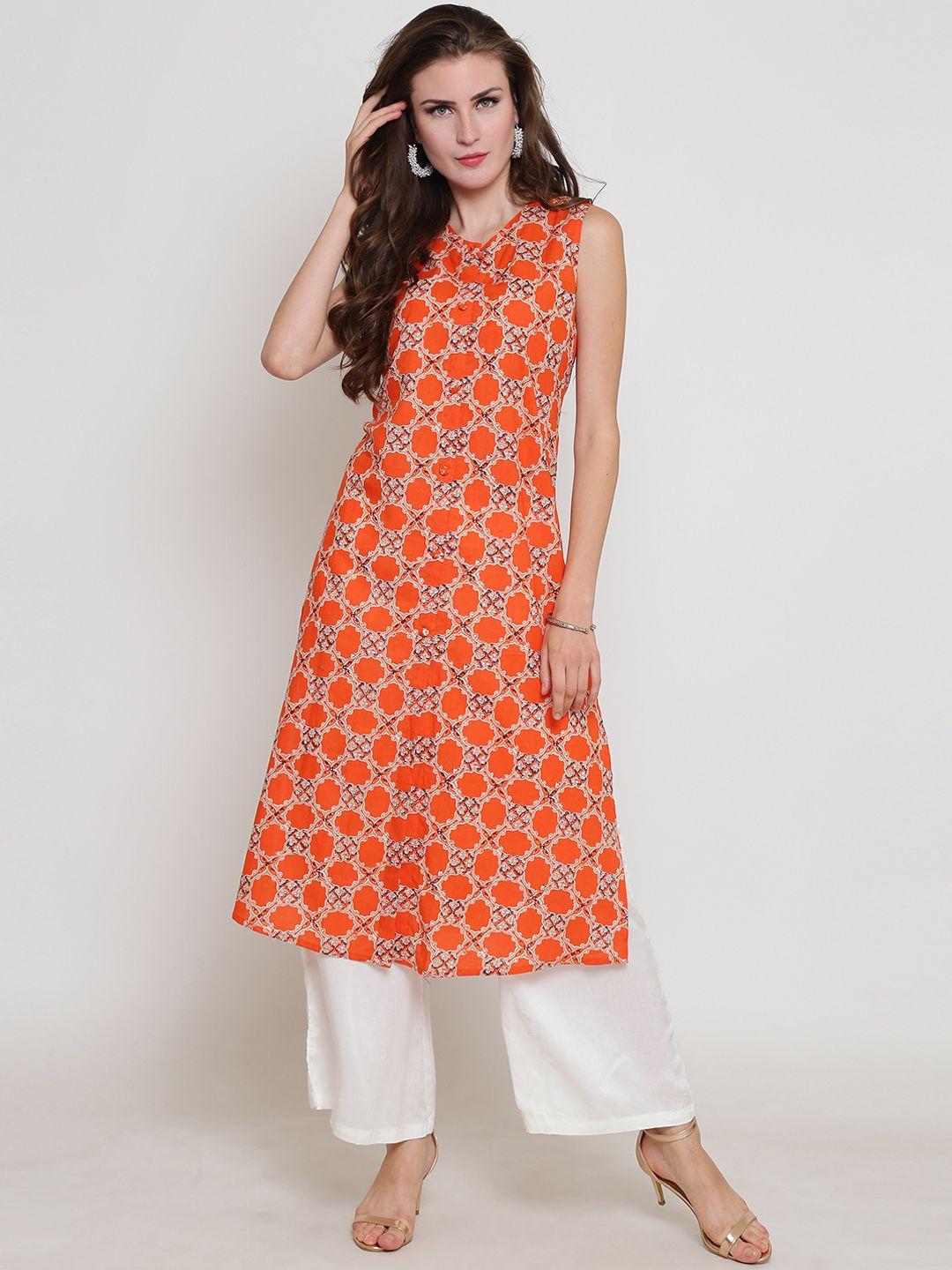 sera women orange & white printed kurta with palazzos