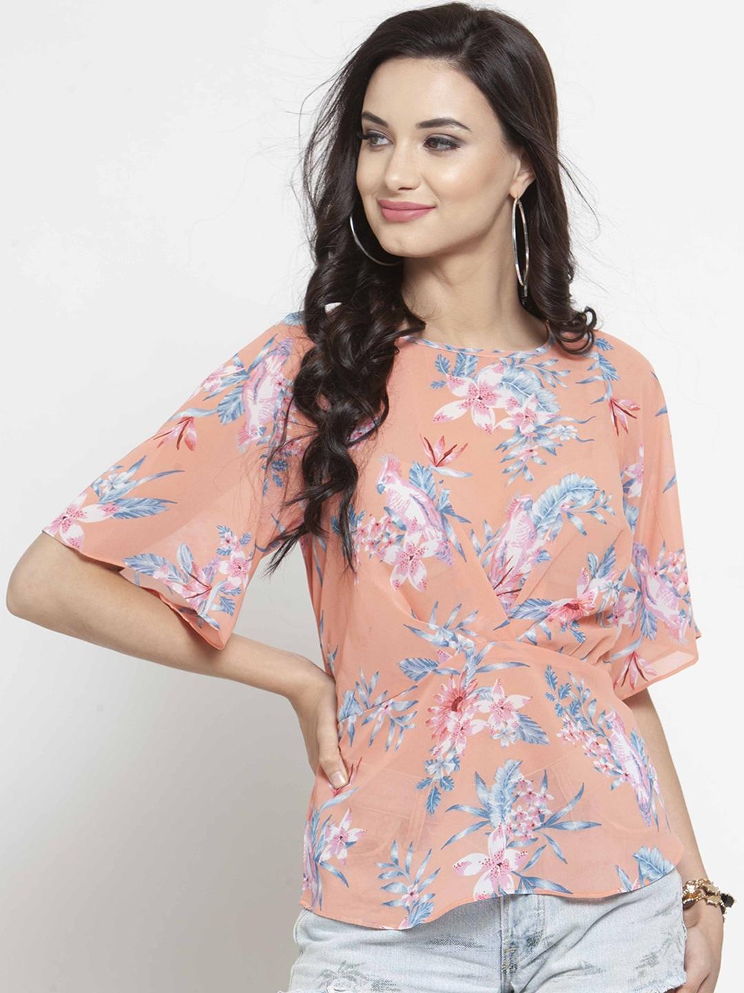sera women peach-coloured floral printed top