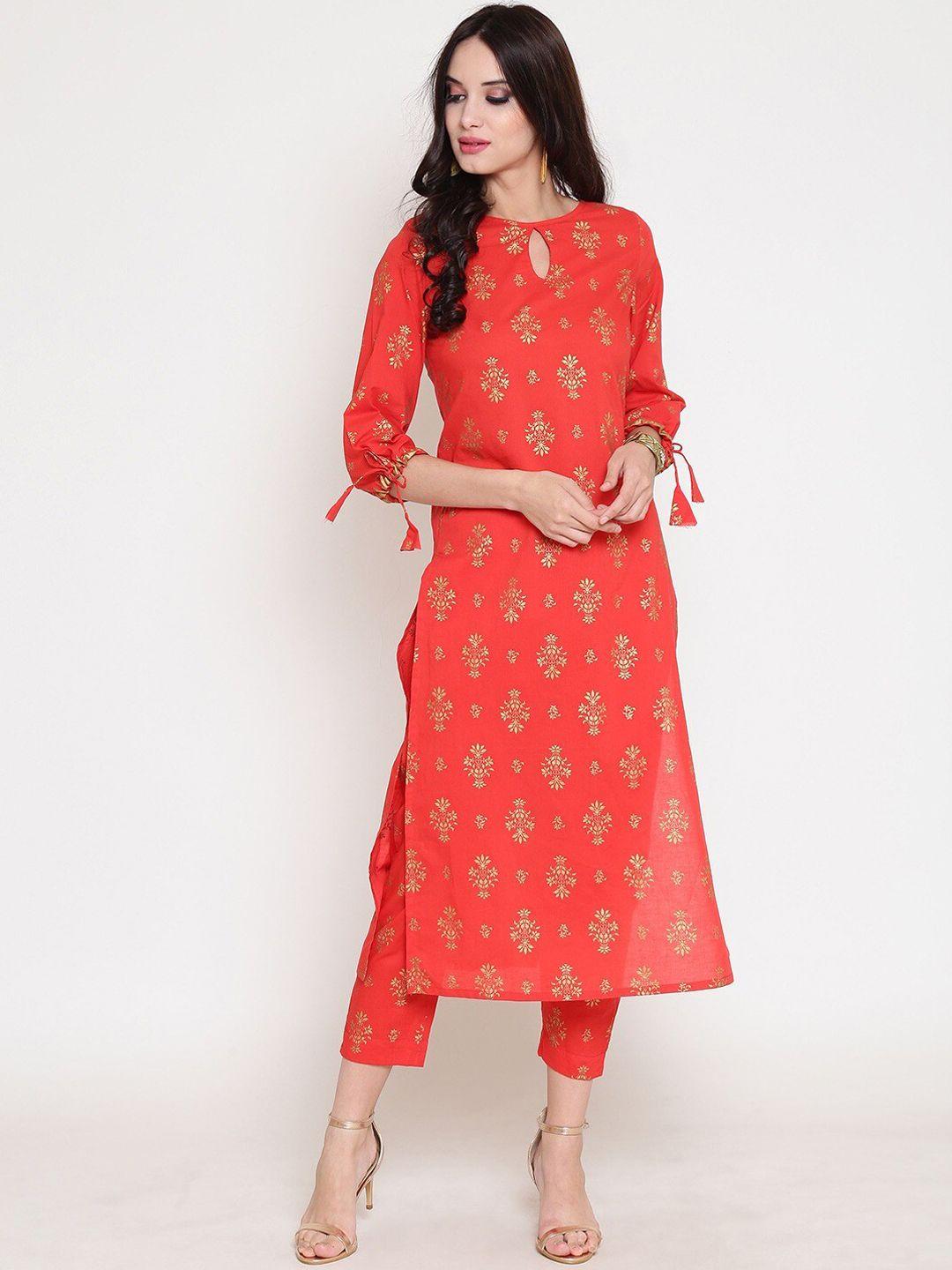 sera women red ethnic motifs printed regular straight keyhole neck pure cotton kurta