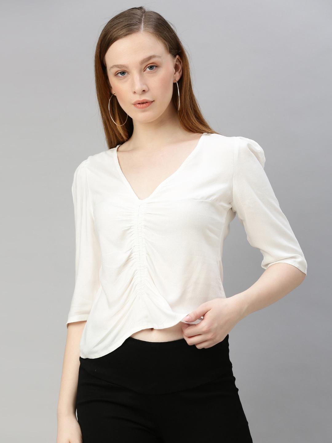 sera women white solid front ruched top