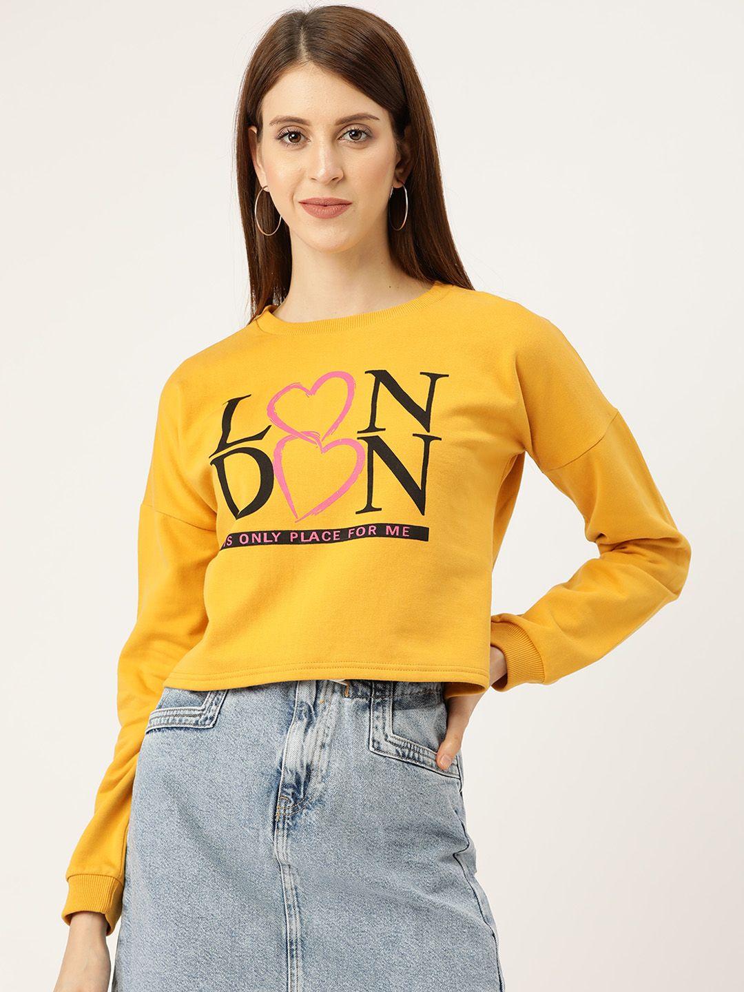 sera women yellow & black typography print cropped sweatshirt