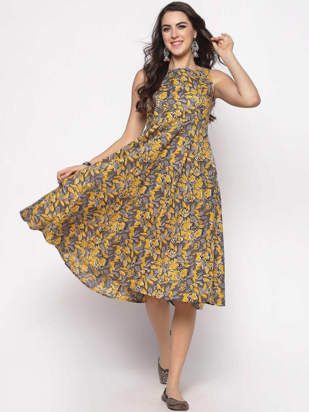 sera women yellow & grey printed fit and flare dress