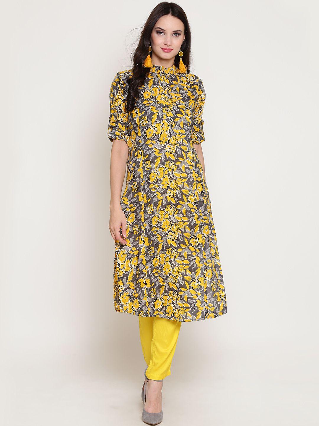 sera women yellow & grey printed straight kurta