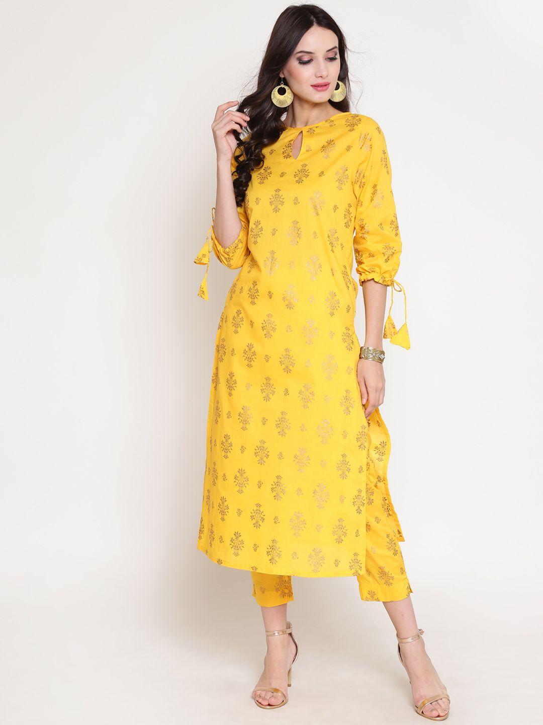 sera women yellow ethnic motifs printed regular pure cotton kurta with trousers