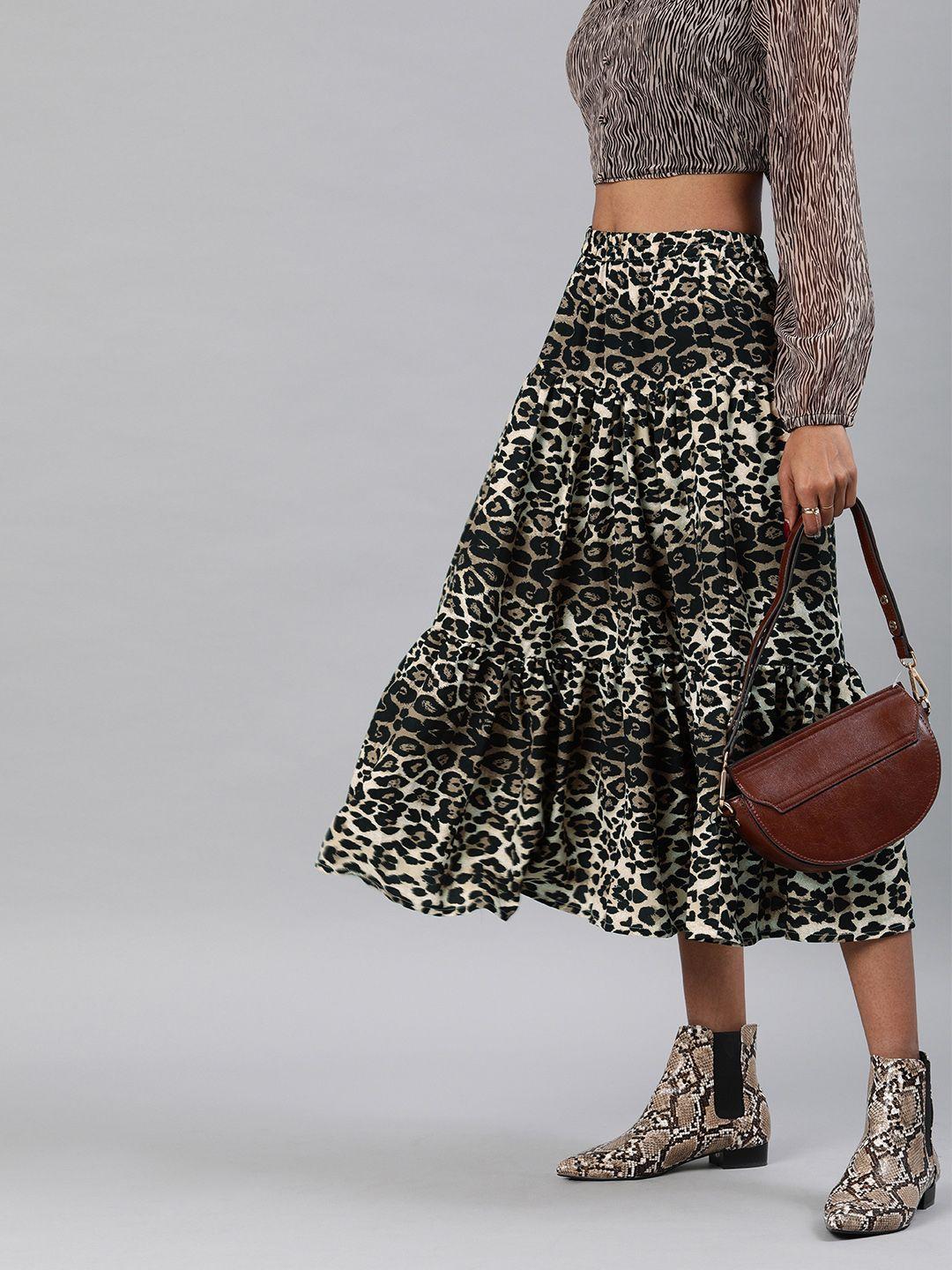 sera black & beige leopard print tiered midi skirt