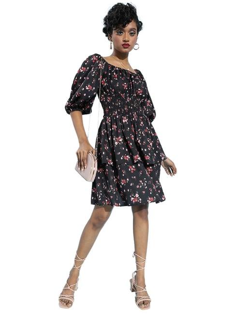 sera black floral print a-line dress