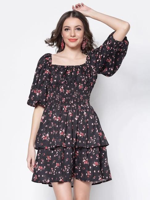 sera black floral print a-line dress