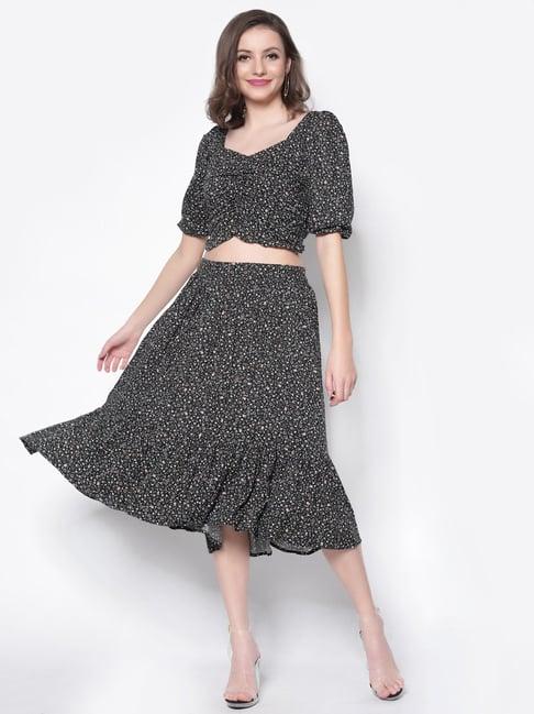 sera black floral print top skirt set
