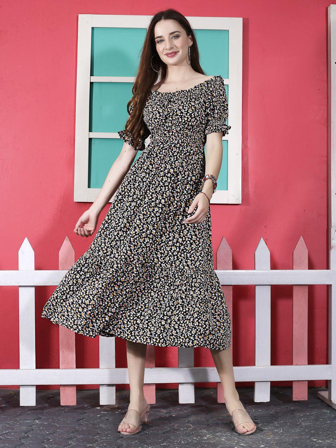 sera black floral printed boat neck crepe a-line midi dress