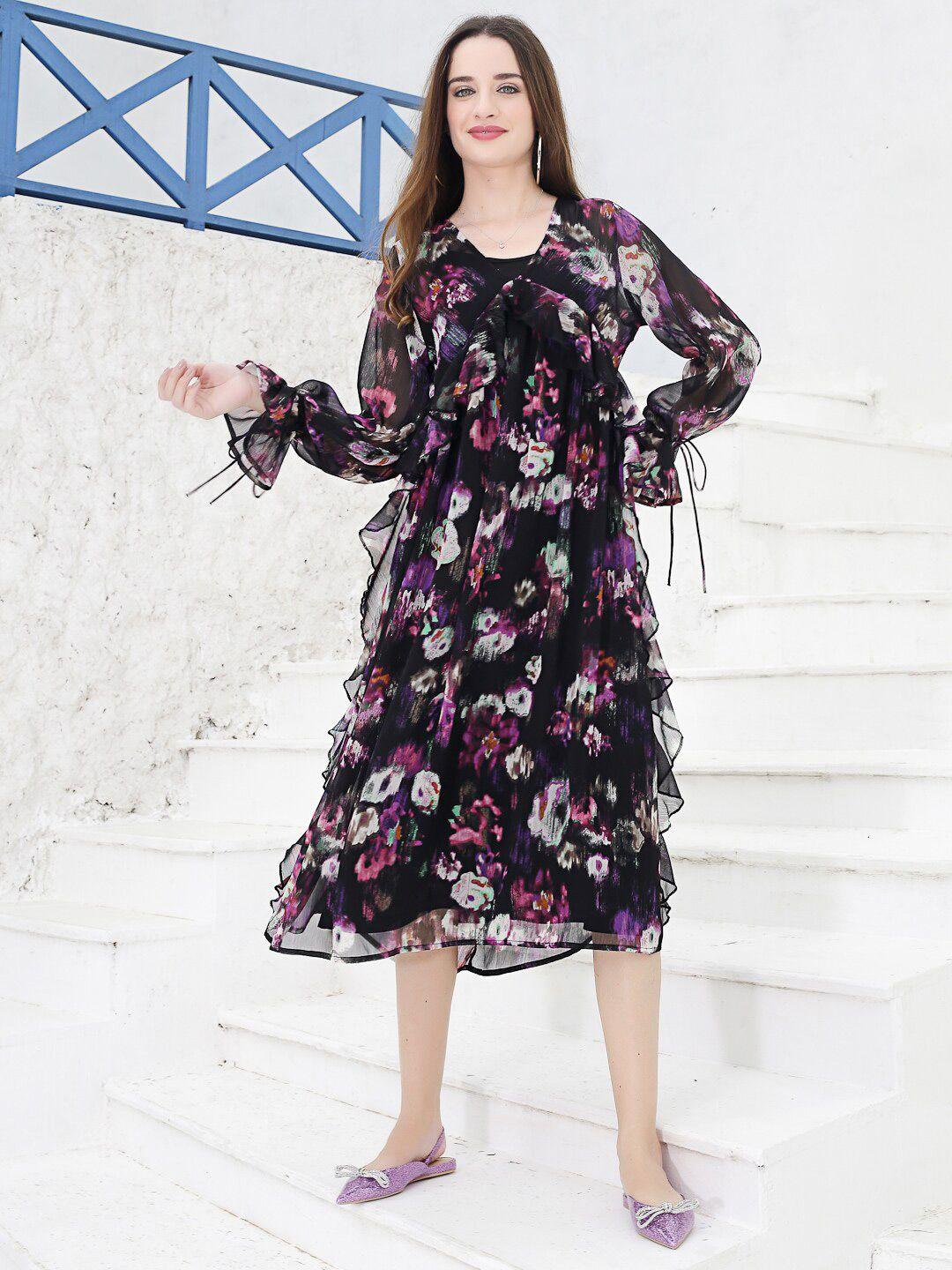 sera black floral printed ruffled chiffon empire dress