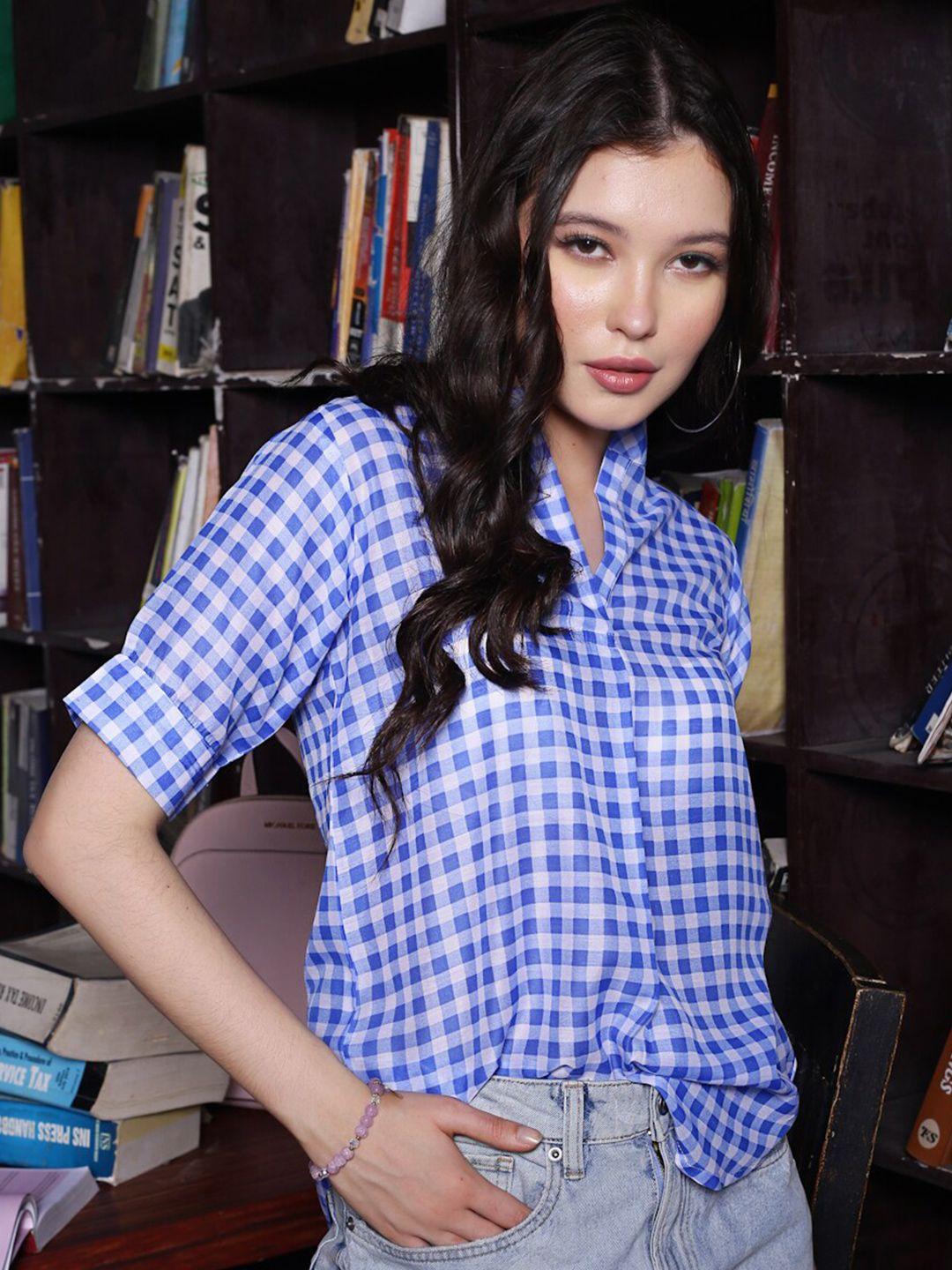 sera blue & white mandarin collar checked cotton top