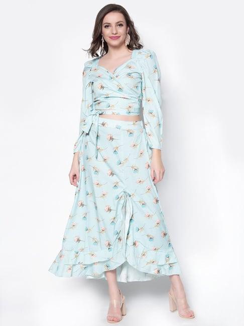 sera blue floral print top skirt set