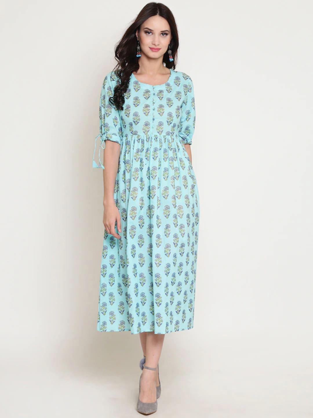 sera blue floral printed fit & flare cotton midi dress