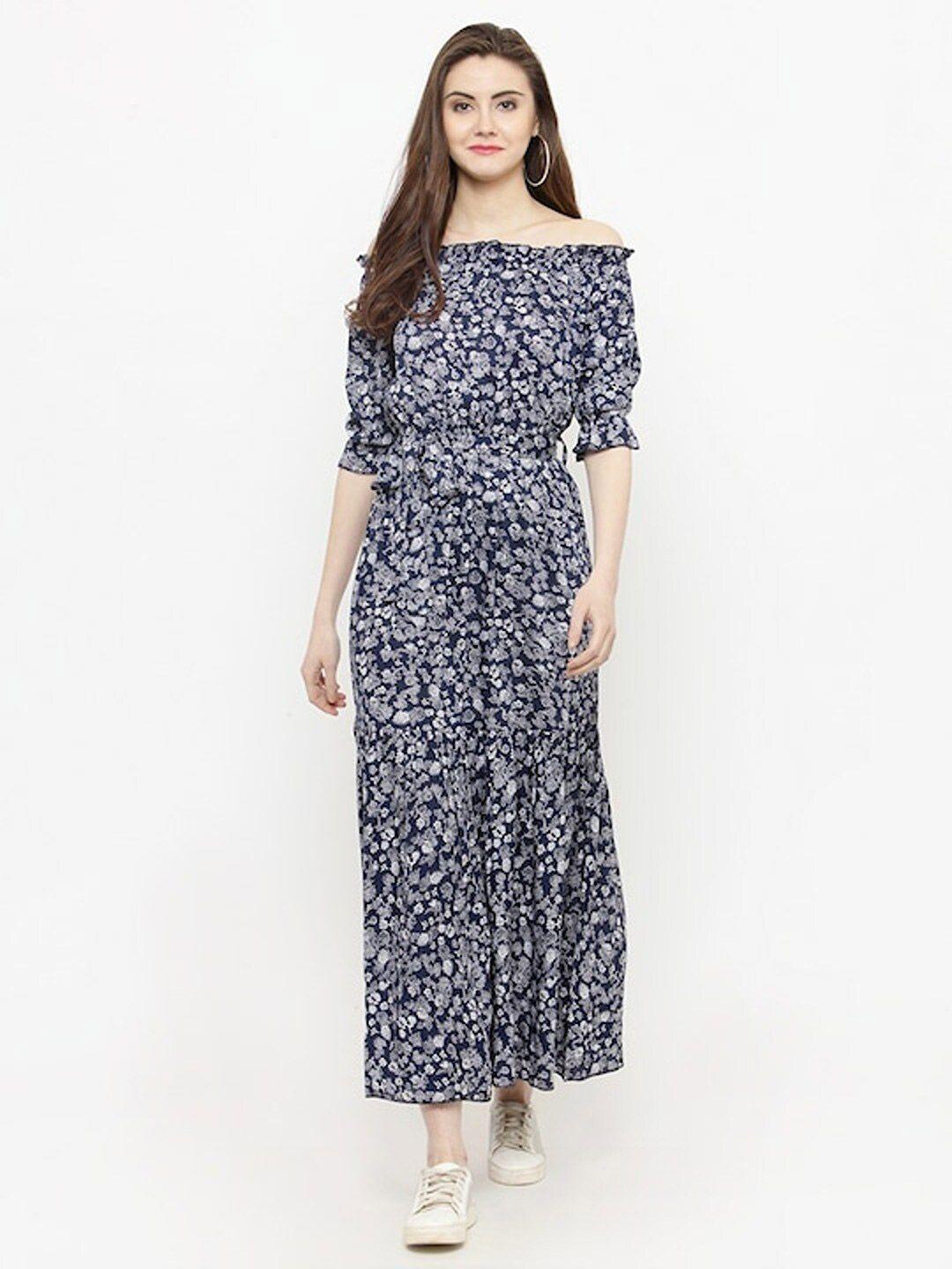 sera blue floral printed off-shoulder tiered maxi dress