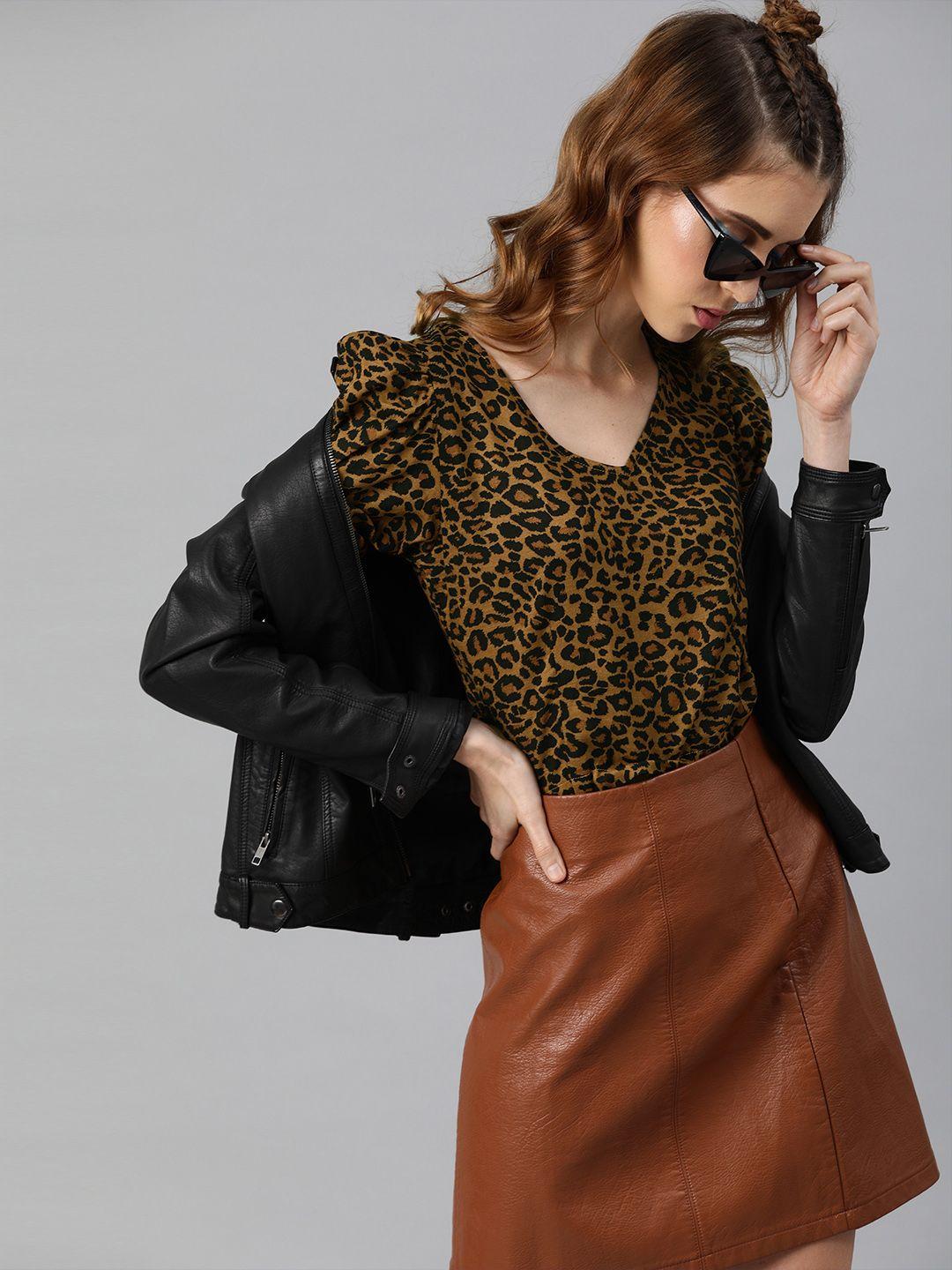 sera brown leopard print balloon sleeve pure cotton top