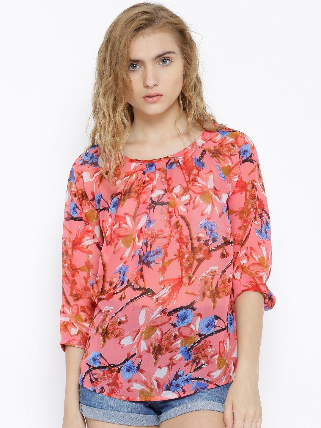 sera coral pink polyester floral print top