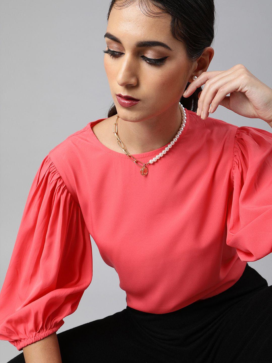 sera coral puff sleeves crepe regular top