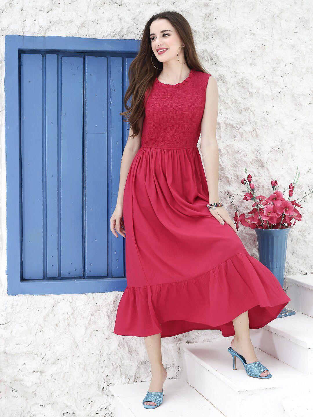 sera fuchsia smocked fit & flare midi dress