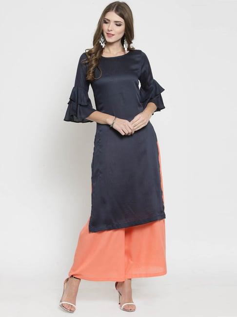 sera navy & coral regular fit kurta with palazzos