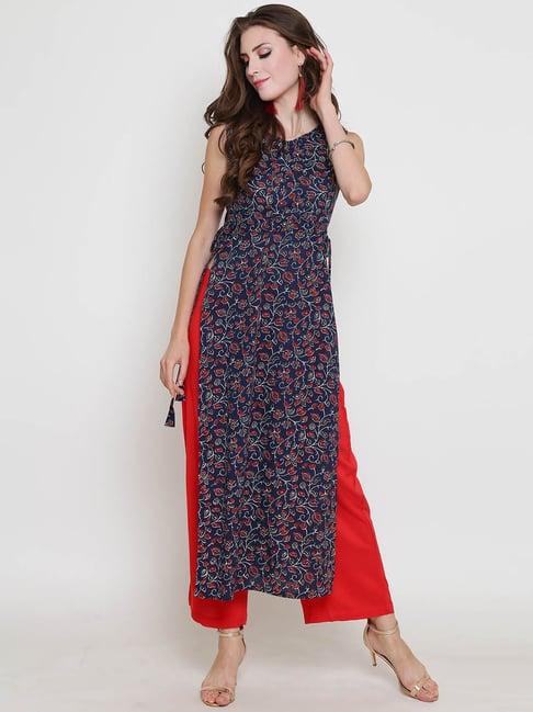 sera navy & red floral print kurta with palazzos