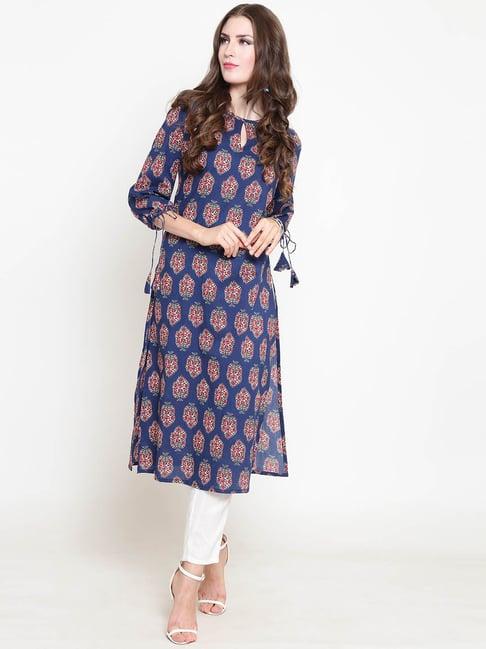 sera navy & white floral print kurta with pants