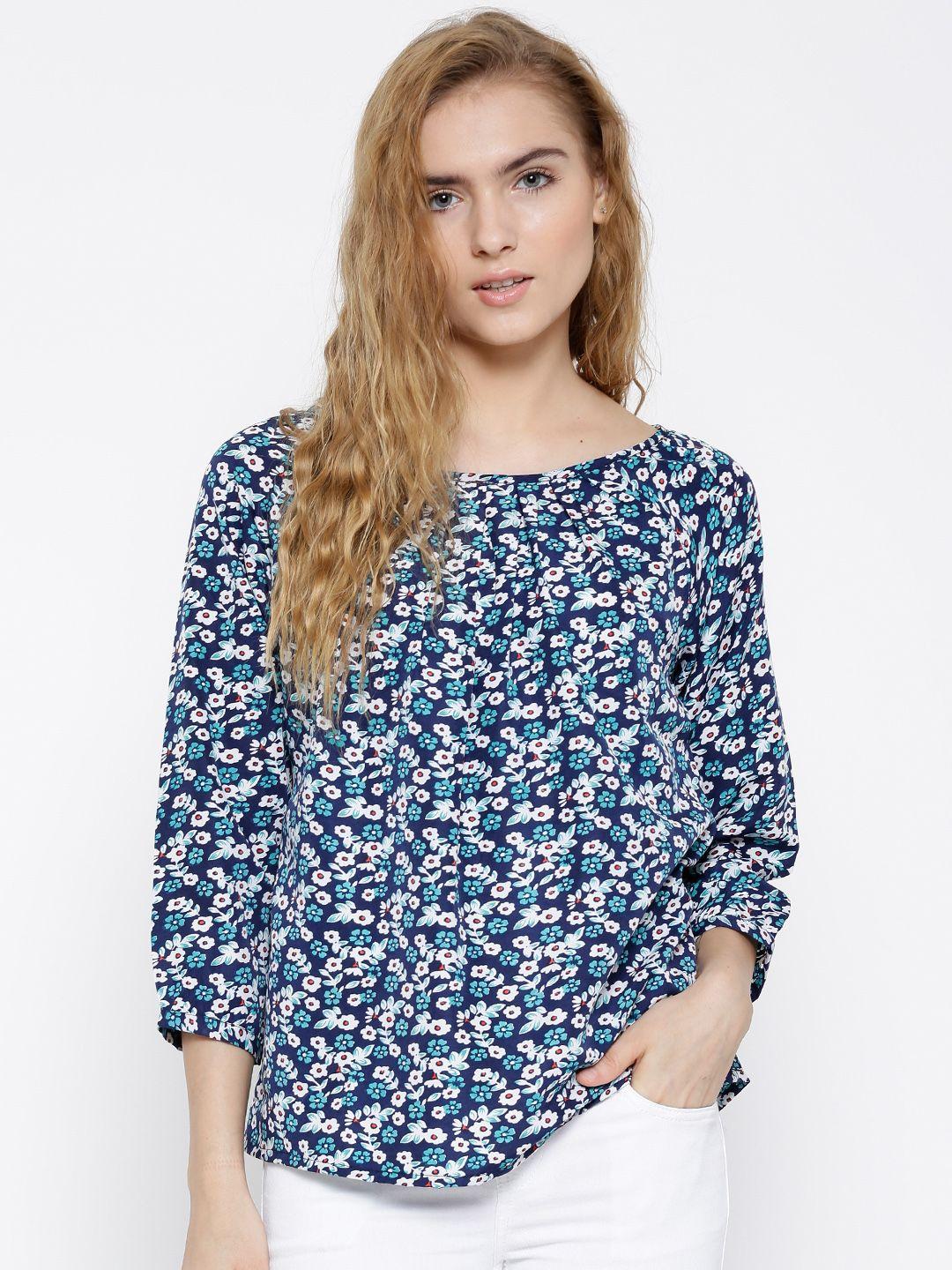 sera navy & white polyester floral print top