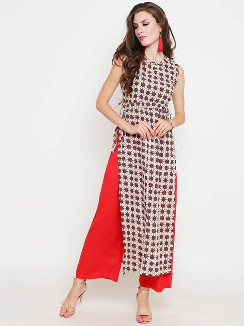 sera off white & red printed kurta with palazzos