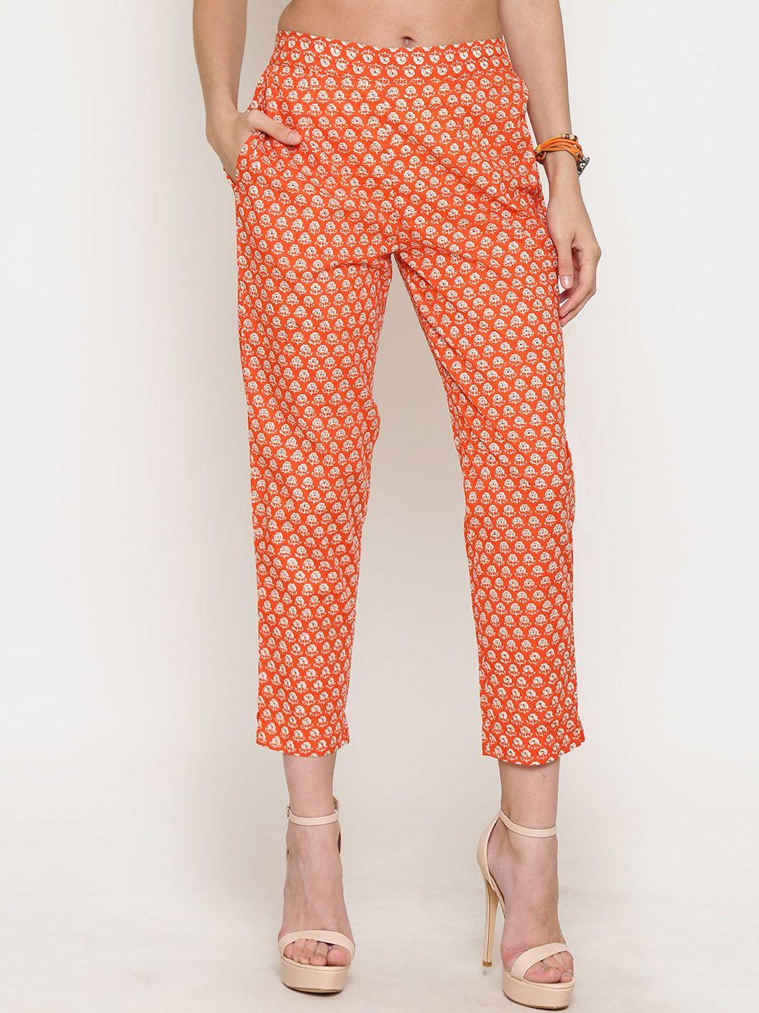 sera orange ethnic motifs printed straight fit pleated trousers