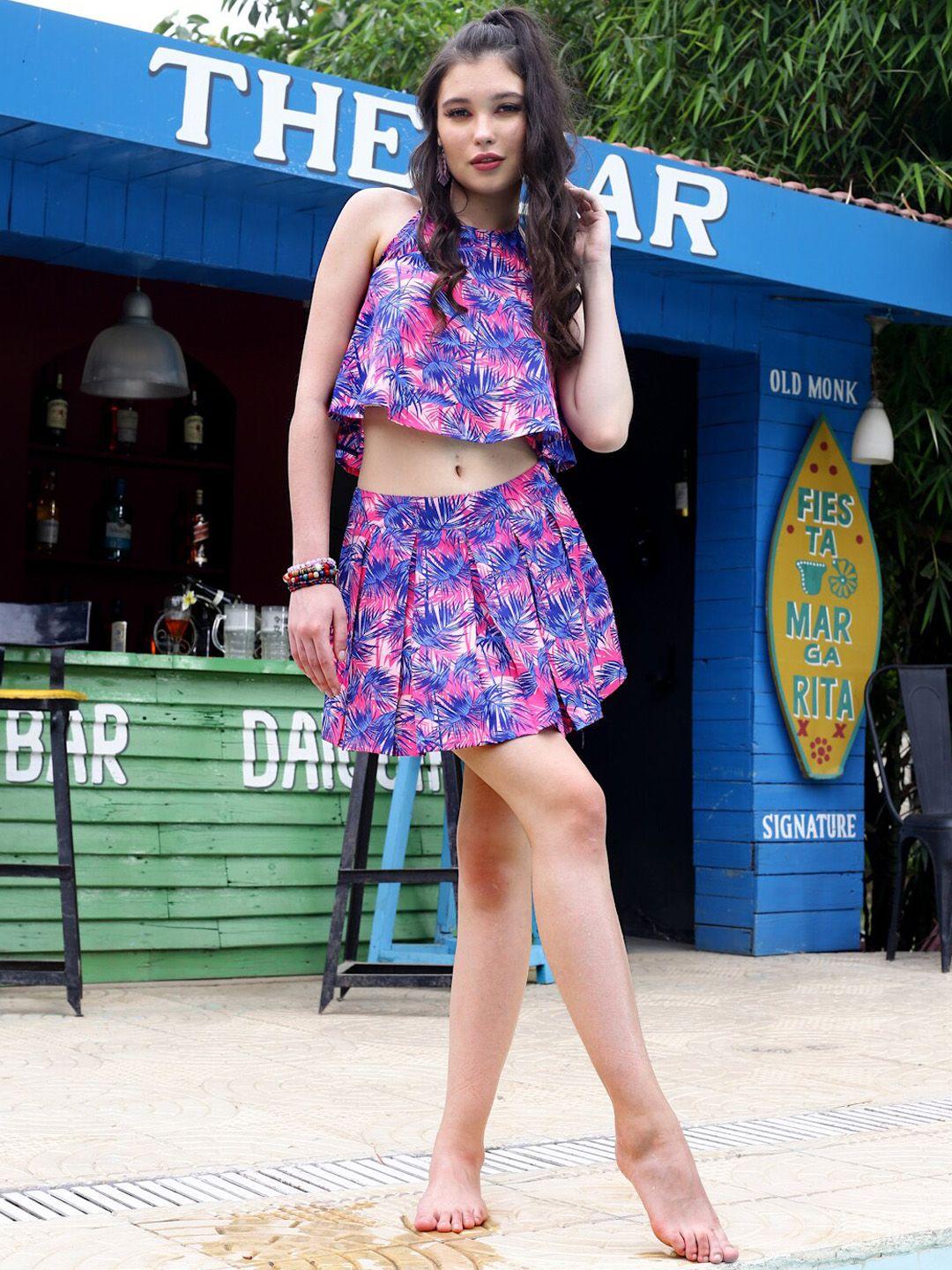 sera pink & purple printed top with mini skirt