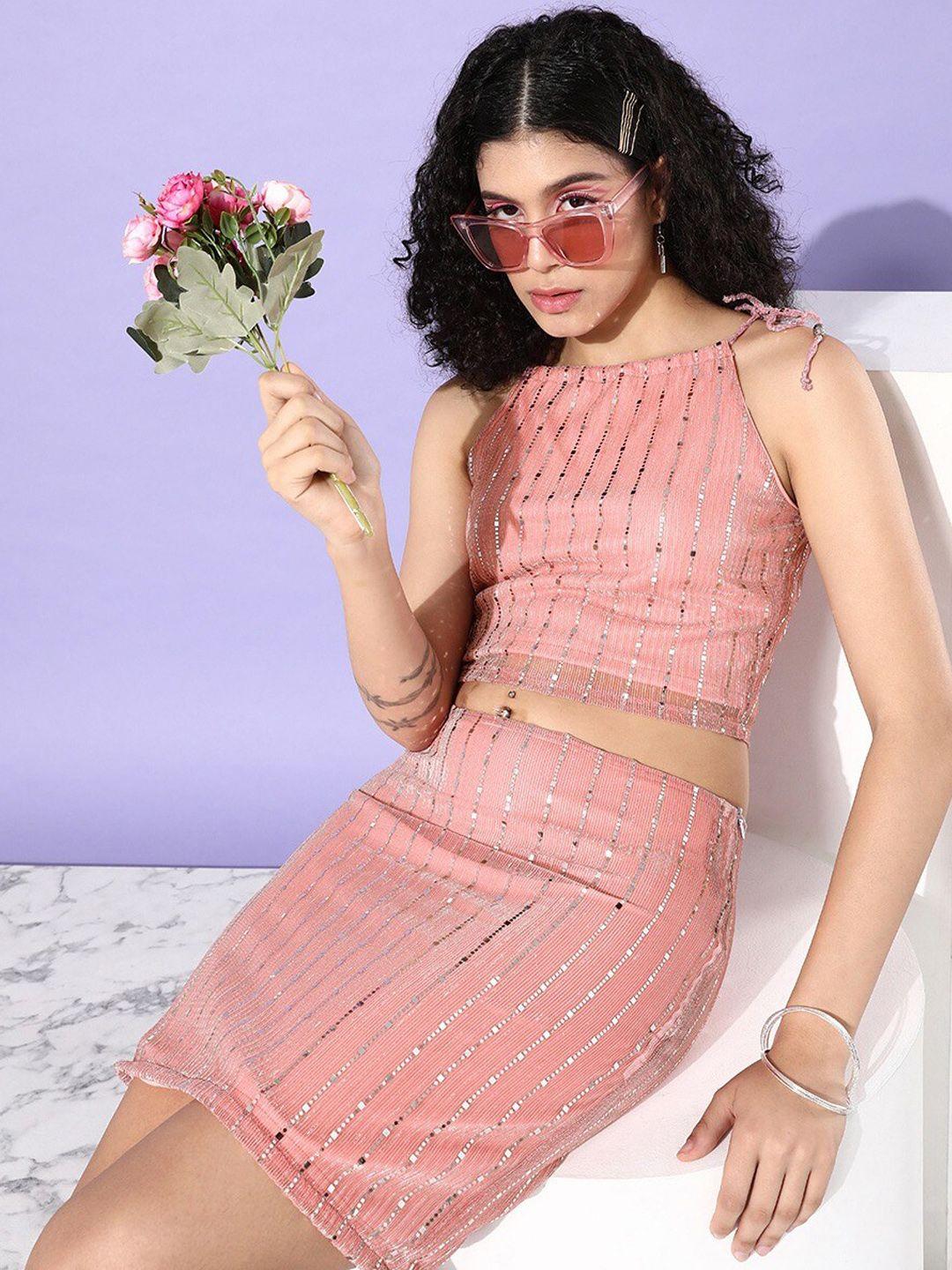 sera pink & silver sequinned crop top & skirt co-ords